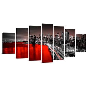 LevvArts Extra Large New York City Wall Art Canvas Brooklyn Bridge Night View Picture Print Black and Red City Painting for Home Office Living Room 70" W x 32" H Overall (Red) 7 PCs
