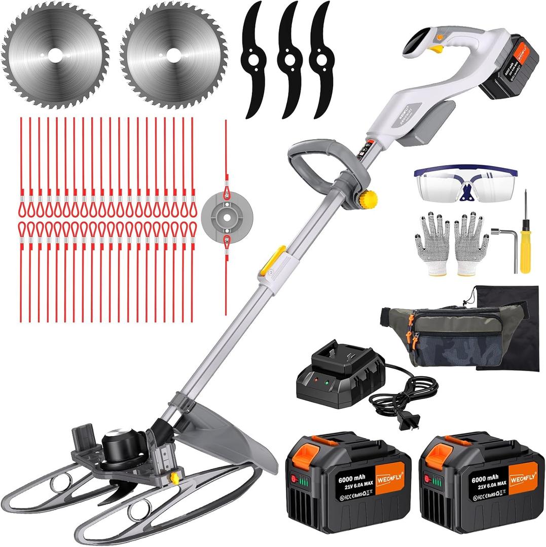 15-Inch Cordless String Trimmer & Edger, (2 x 21V 6.0Ah Electric Brush Cutter Battery Powered), with Auxiliary Bracket,Telescopic Handle, 3 Cutting Methods(WEG21D)