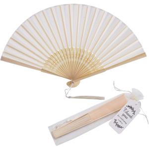 50 Sets Imitated Silk Hand Fan with Tassel and Organza Bags and Thank You Tags Fabric Handheld Folding Fans Bamboo Frame Bridal Dancing Props Wedding Party Favors (Cream)