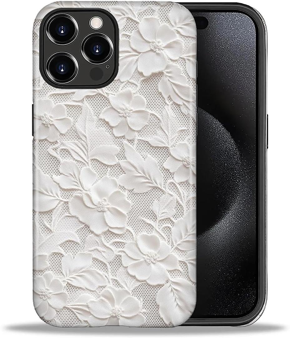 DAIZAG Case for iPhone 16 Pro,White Floral Lace Full-Body Design Hybrid Dual Protection Soft TPU Hard PC Shockproof Scratch-Resistant Protective Cover Phone Case for Men Women