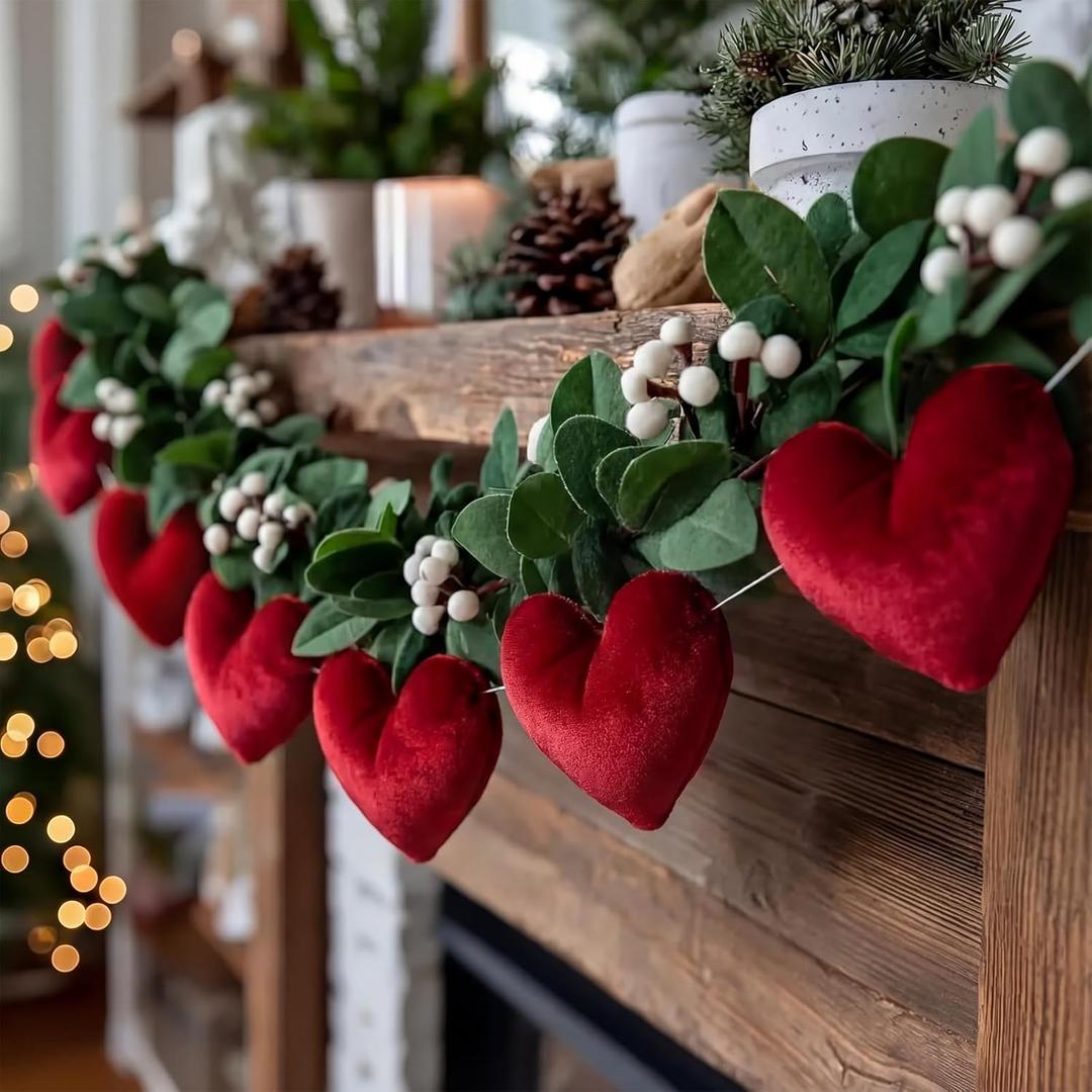 8.2 ft Valentine's Day Heart Decorations Velvet Red Heart Garland Modern Valentine Decorations Classy Farmhouse Hanging Garland for Bride Shower Wedding Anniversary Party Favors Home Decor