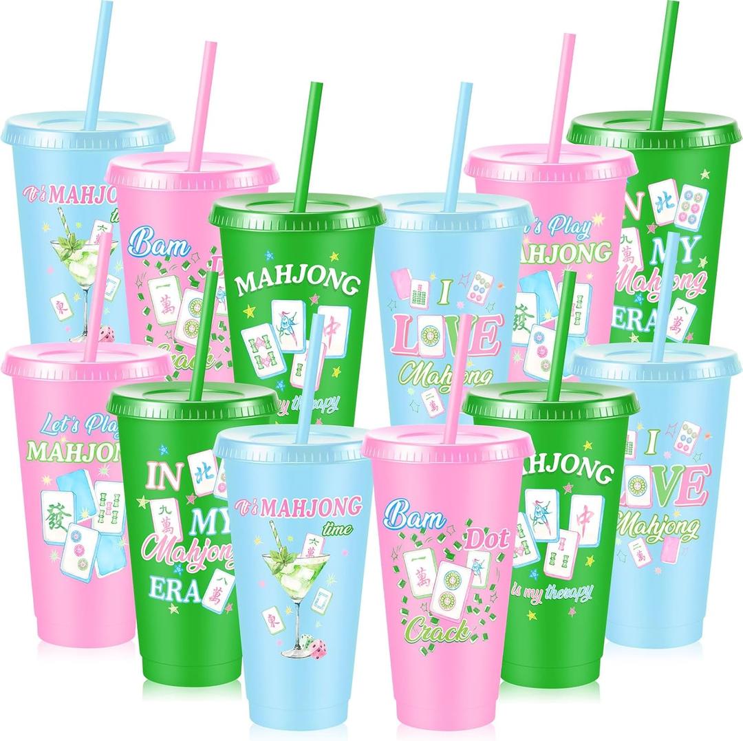 Chuangdi 12 Pcs Mahjong Cups 24 oz for Mahjong-themed Party Supplies, Plastic Reusable Tumblers with Lids and Straws Mah Jong Gifts Cup for Women Special Events Game Night Birthday Party Favors