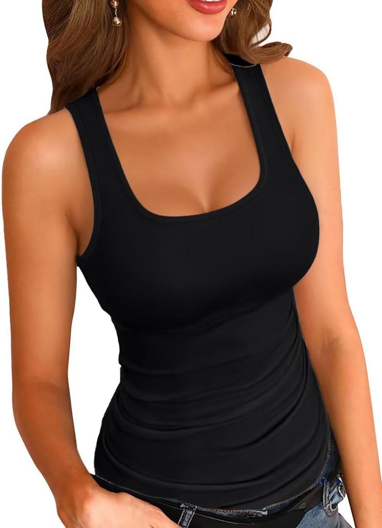 VICHYIE Womens Summer Tank Tops Square Neck Sleeveless Low Cut Sexy Shirts Ribbed Tanks Slim Fitted Casual Basic Tee Shirt (Black, L)
