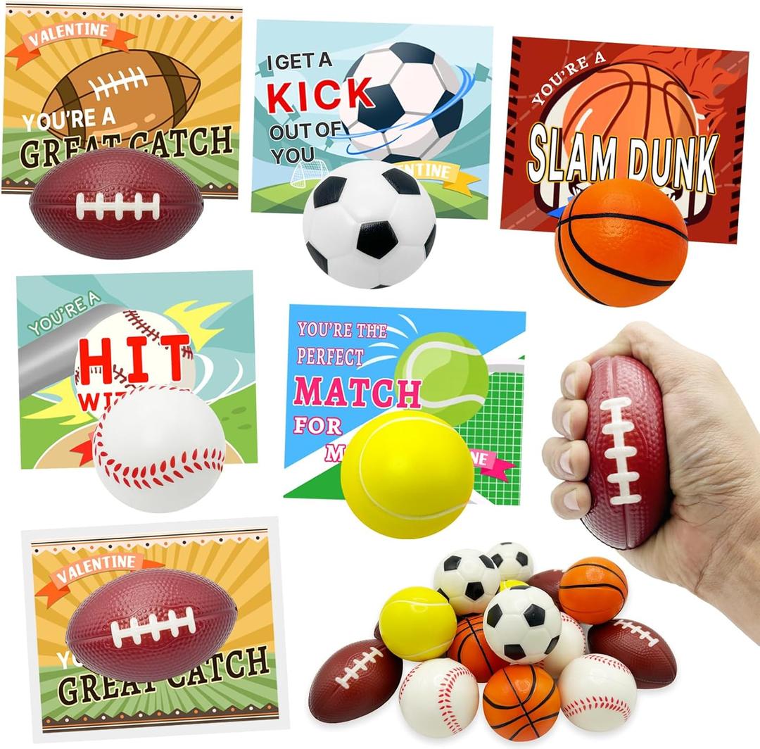30 Pcs Valentines Day Gift Cards with Mini Sports Stress Balls, Valentines Greeting Cards for Kids School Gift Exchange, Game Prizes, Valentines Party Favor Supplies