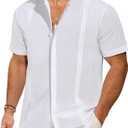 JEKAOYI Mens Casual Linen Button Down Short Sleeve Shirts Beach Summer Spread Collar Pocket Tops (White, XXXL)