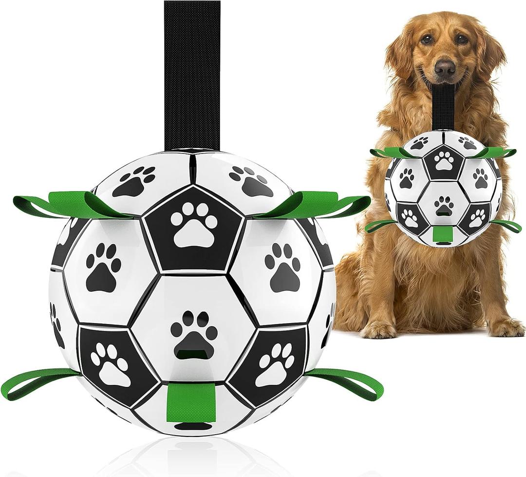 QDAN Dog Toys, Soccer Ball with Straps, World Cup Interactive Toys for Tug of War, Puppy Birthday Gifts, Water Toy, Durable Dog Balls for Medium Large (8 Inch) (Black Green)