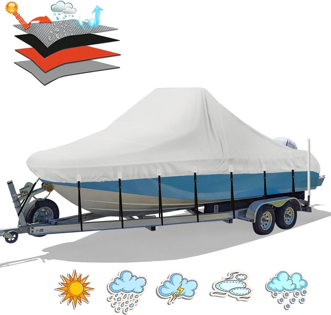 Solim Center Console Boat Cover, 16'-18.5' 1300D Waterproof PU Heavy Duty Trailerable Boat Cover for Center Console Boat, Marine Grade Oxford UV Resistant Polyester Canvas with 18 Tie Down Strap, Gray (16'-18.5' Long (Beam Width up to 98"))