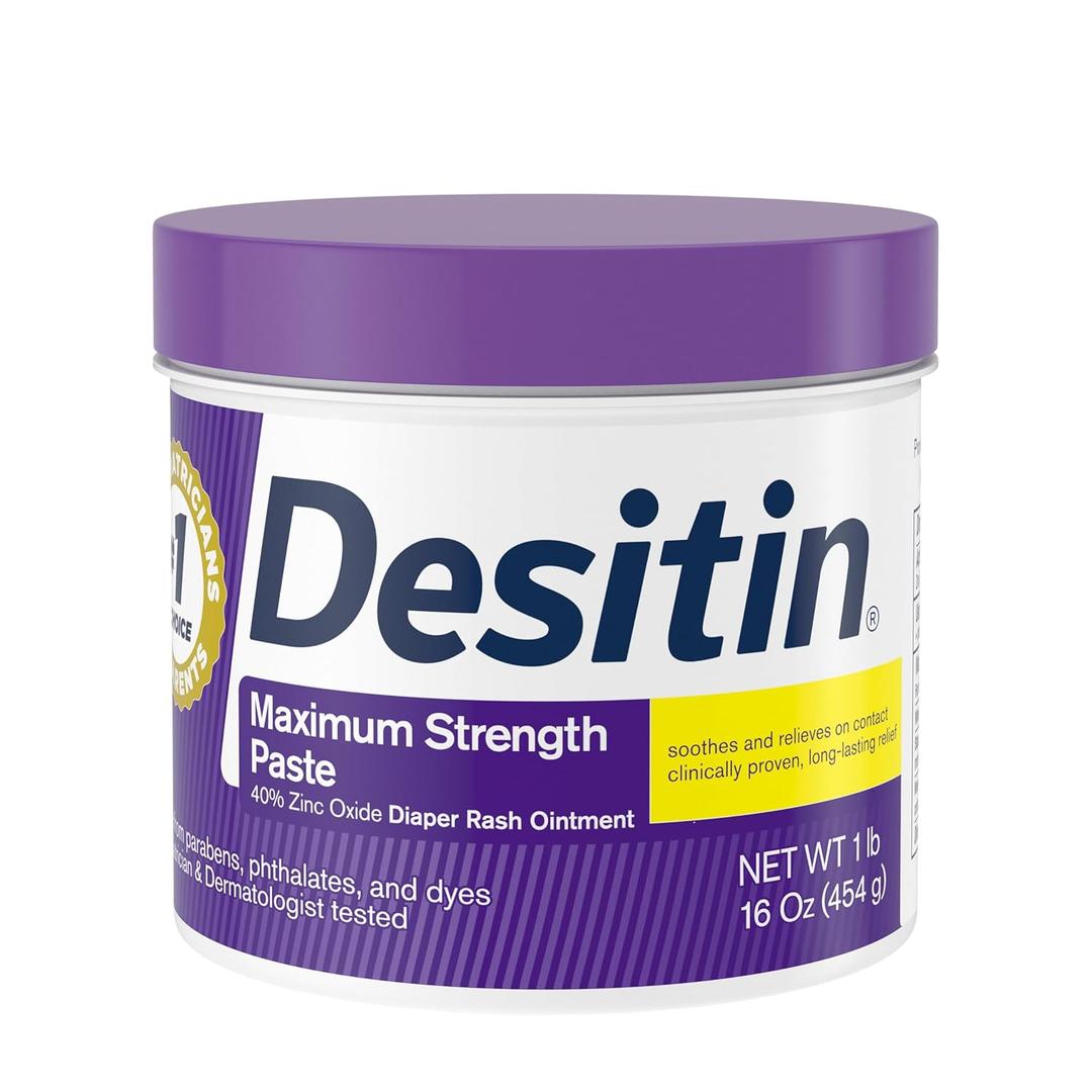 Desitin Maximum Strength Baby Diaper Rash Cream, 40% Zinc Oxide for Treatment, Relief & Prevention, Hypoallergenic, Phthalate- & Paraben-Free Paste, Protects Skin For Up To 12 Hours, 16 oz (1 Pound (Pack of 1))