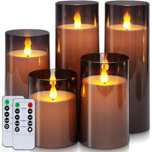 Homemory Gray Flickering Flameless Candles, Battery Operated Acrylic LED Pillar Candles with Remote Control and Timer, Halloween Decor, Set of 5