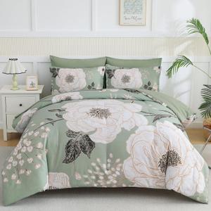 Luxudecor Floral Queen Comforter Set 7 Pieces Bed in a Bag, White Flower Print on Green Bedding Set, Soft Reversible Comforter with Sheet Set 90"x90"