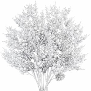 Winlyn 12 Pcs Christmas Artificial Pine Branches Glitter Pine Needles with Pinecone and Berries Christmas Floral Picks 14.2" for Christmas Tree Wreaths Centerpieces Holiday Decorations