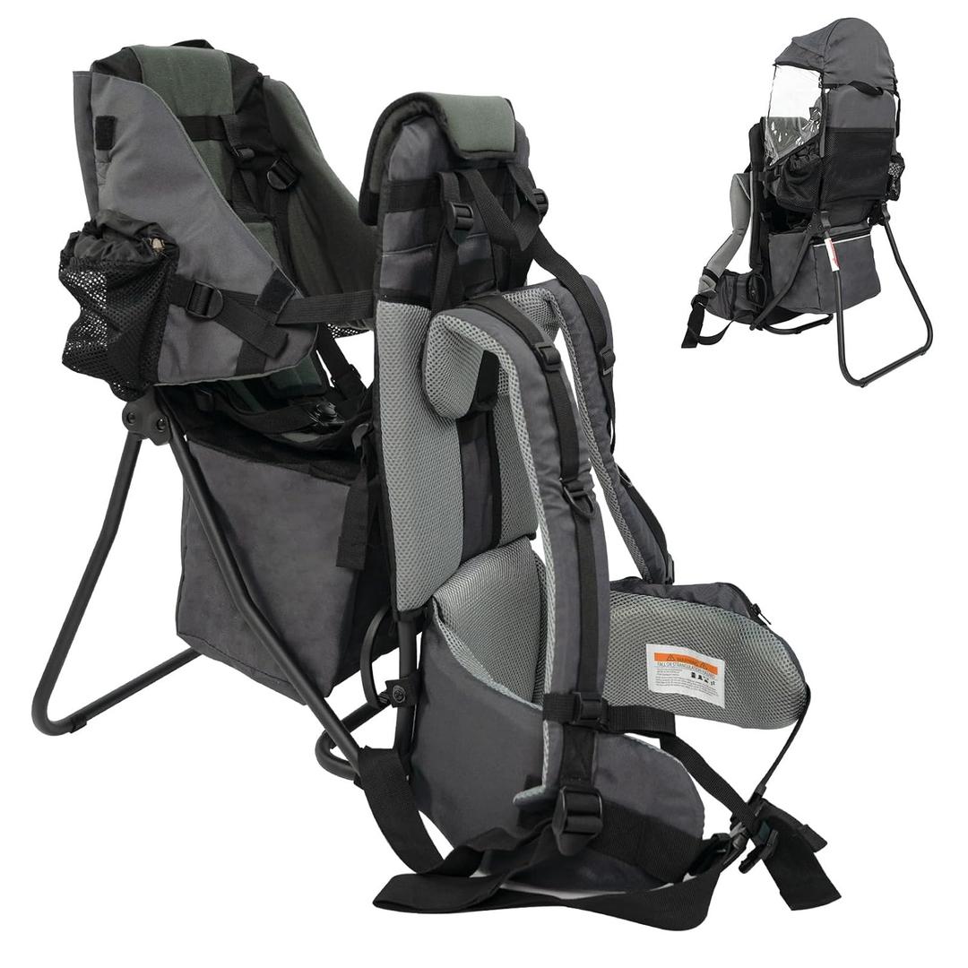 Baby Backpack Carrier for Hiking, Toddler Hiking Backpack with Rain & Sun Hood Adjustable Straps & Waist Belt Ergonomic Child Carrier Foldable Frame Lightweight Large Capacity for Outdoor Travel