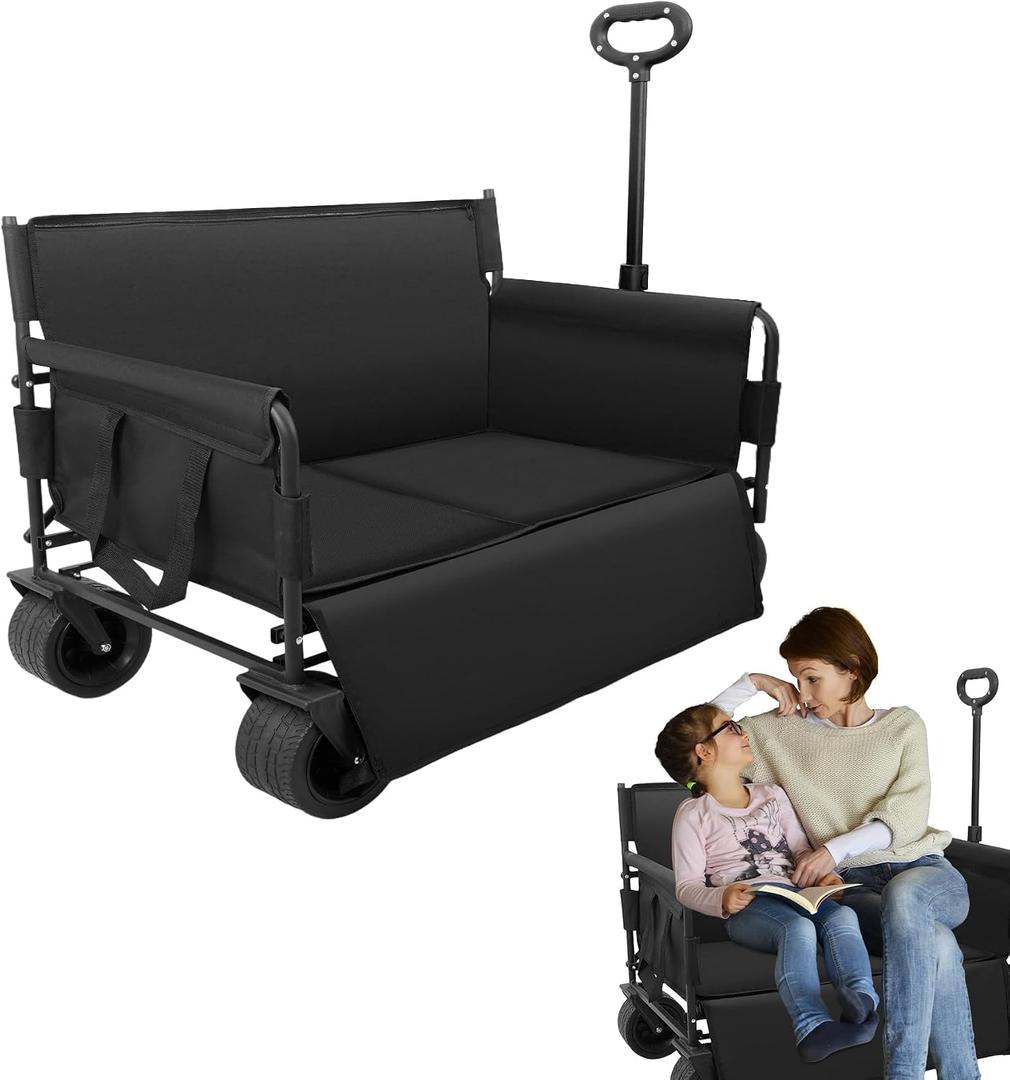 Wagon Bench Love Seat: Collapsible Heavy Duty Wagon - 500 LBS Beach Cart with Big Wheels for Sand Camping Shopping Sports