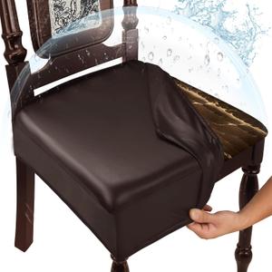 Waterproof Dining Chair Seat Covers Leather Kitchen Seat Covers, Stain Resistant Stretch Chair Seat Covers for Dining Room Chairs Set of 8, Rear Covered Washable Dining Chair Cover Dark Coffee