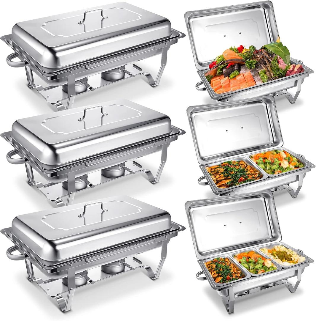 Hoolerry 6 Pcs Chafing Dish Buffet Set 9 Qt Stainless Steel Chafer Full Size Half Size 1/3 Size Chafing Food Pans Rectangular Catering Warmer Set for Parties Banquet Wedding Serving Dining