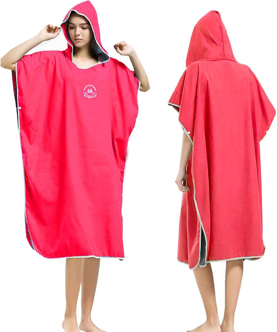 Hiturbo Microfiber Surf Poncho, Wetsuit Changing Bath Robe, Quick Dry Pool Swim Beach Towel with Hood (Rubin Red) One Size