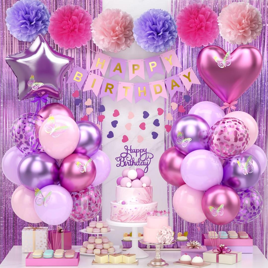Purple Pink Birthday Decorations Balloons Pink Purple Happy Birthday Banner Cake Topper Fringe Curtain Paper Pom Poms Butterfly Sticker Metallic Hot Pink Heart Star Foil Princess Party Girls Women