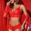Avidlove Women Sexy Lingerie Set 3 Piece Bra and Panty Sets with Lace Kimono Robe Sleepwear Mesh Nightgown (Red, M)