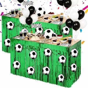 2 x 2 Pcs Soccer Table Skirt with 20 Pcs Soccer Stickers, Green Foil Fringe Table Skirt for Soccer Party Decorations, Sports Themed Birthday Party Supplies, World Cup Viewing Party, Football Event Décor