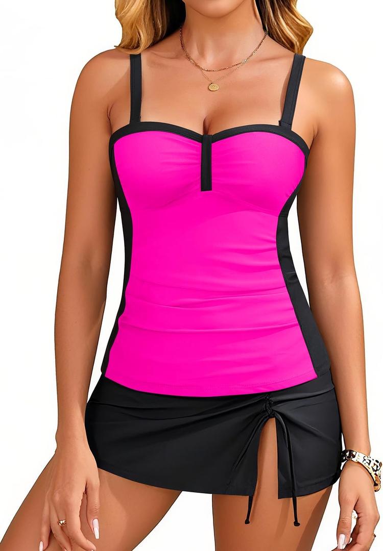 Yonique Women's Underwire Tankini Swimsuits with Skirt Two Piece Bathing Suits Tummy Control Swimwear (Medium, Black and Pink)
