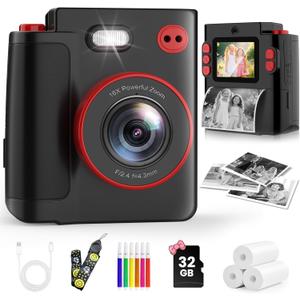 Instant Print Camera for Kids - Classic Black Digital Camera for 3-12 Year Olds, 1080P HD with 32GB SD Card, Selfie Mode & Durable Design, Ideal Christmas Birthday Gift, Portable Travel Toy