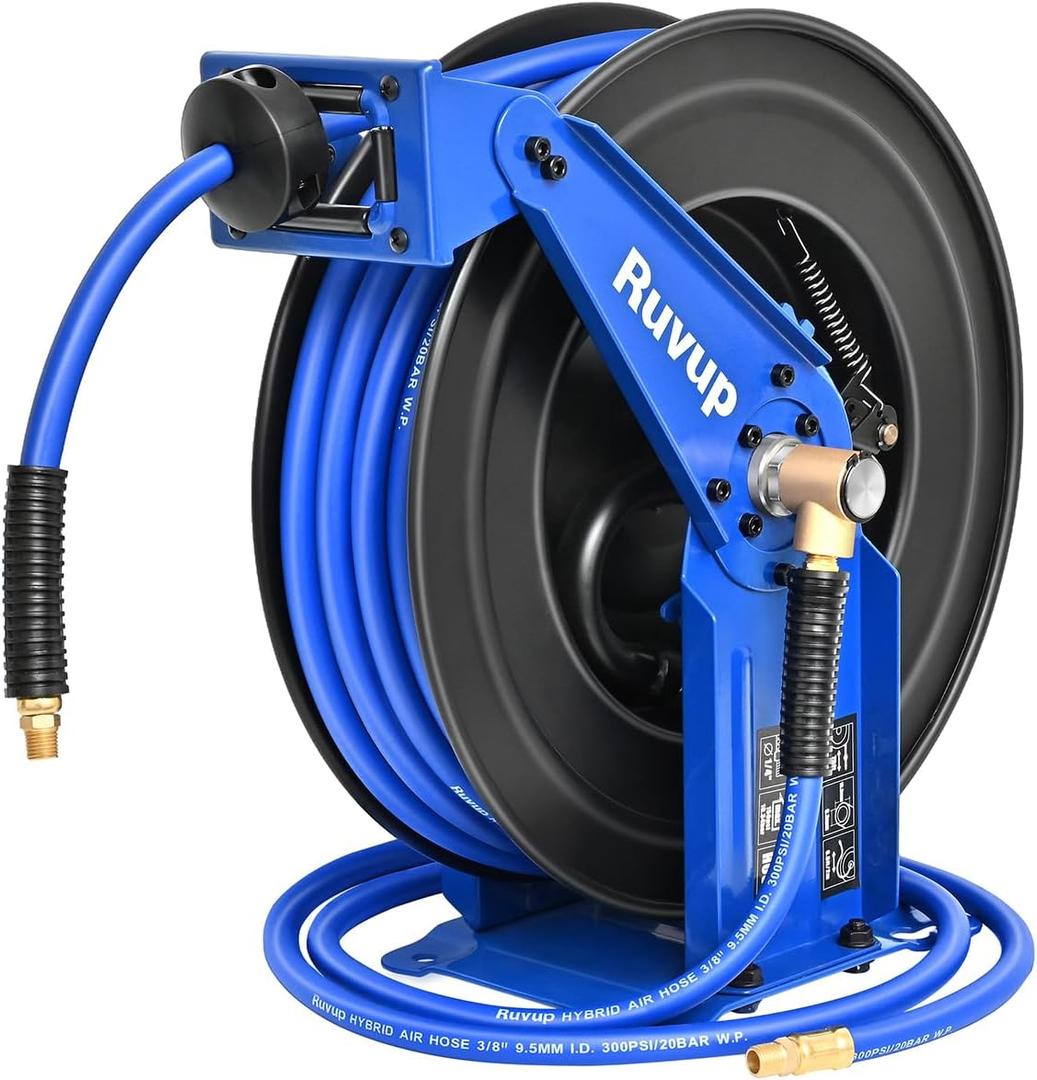 Ruvup Retractable Air Hose Reel, 3/8" x 75ft Air Compressor Hose Reel Auto Rewind Hybrid Hose Max 300PSI with 6.5ft Lead Hose Heavy Duty Steel Double Arm with 12-Position Ratchet Lock