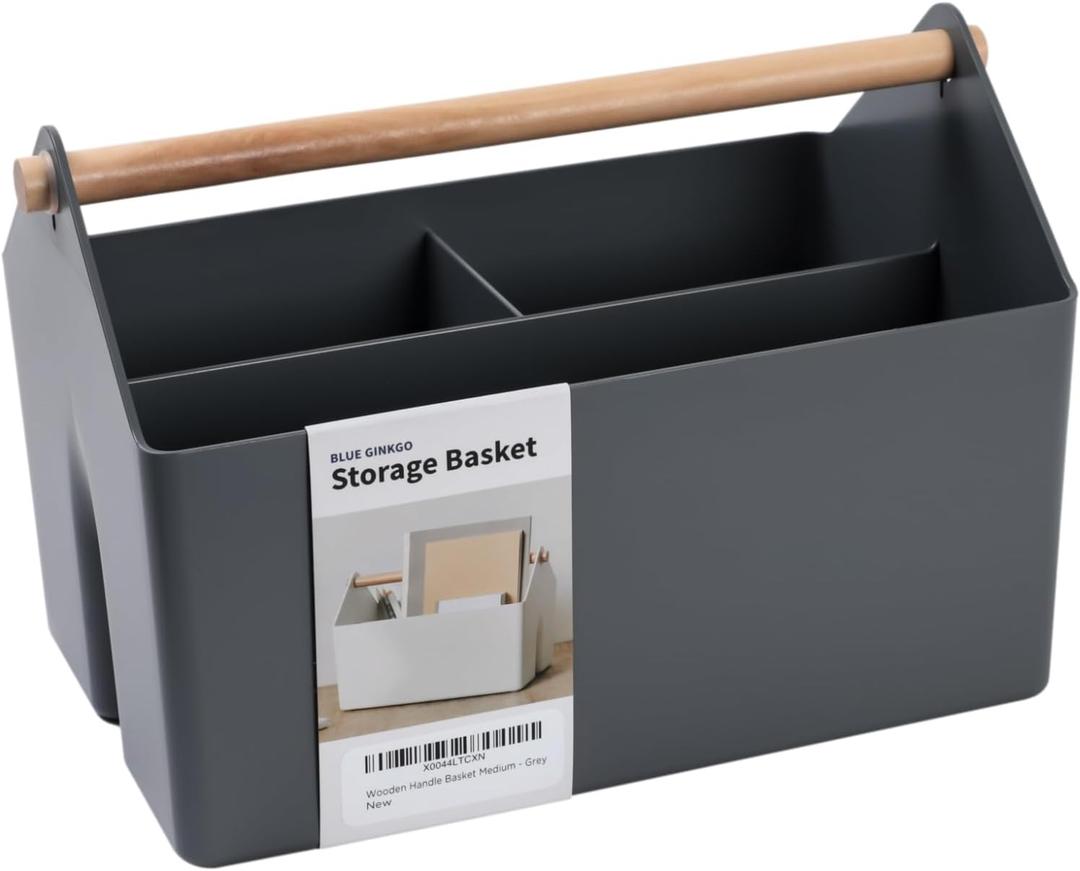 BLUE GINKGO Medium Storage Basket Plastic Caddy with Wooden Handle for Office, Arts & Crafts, or Home Supplies (Gray)