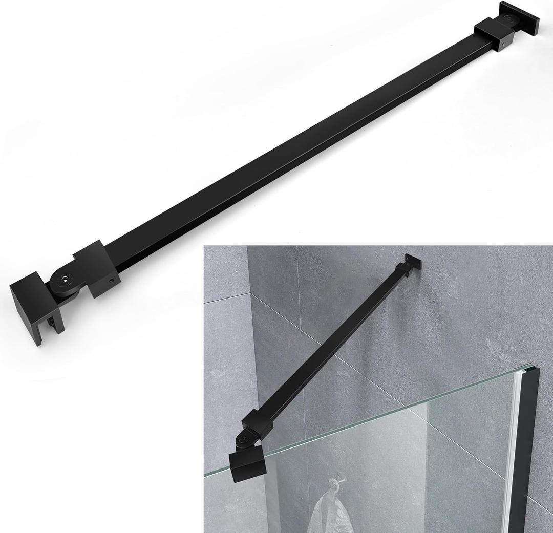 Shower Glass Door Support Bar, Wall-to-Glass Brace for 1/4"(6mm), 5/16"(8mm), 3/8"(10mm) Frameless Glass Panel, 18 Inch Long Stainless Steel Shower Rod, Matte Black