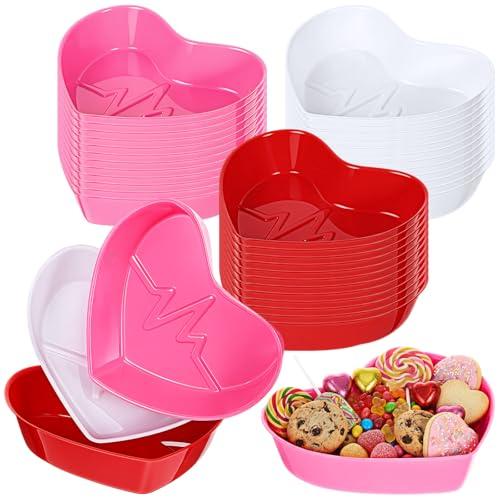 Cunhill 36 Pcs Valentine Heart Shaped Tray Heart Dish Bowl Disposable Plastic Serving Tray Platter Dessert Plates Snack Bowl for Wedding Birthday Party (Red,Pink,White)