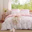 Floral Duvet Cover Set Full Size,Pink Tulip Bow Ties Reversible Bedding Set with Heart Pattern for Girls Kids,Romantic Microfiber Comforter Cover 3Pcs with Zipper Closure and 2 Pillowcases