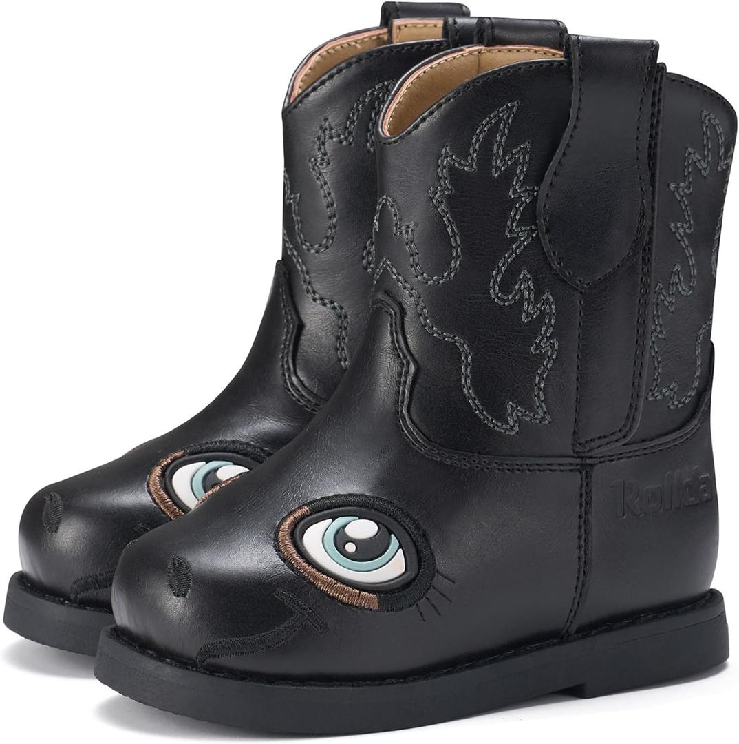 Rollda Baby Cowboy Boots Toddler Cowgirl Boots Infant Western Boots Round Toe (Black)