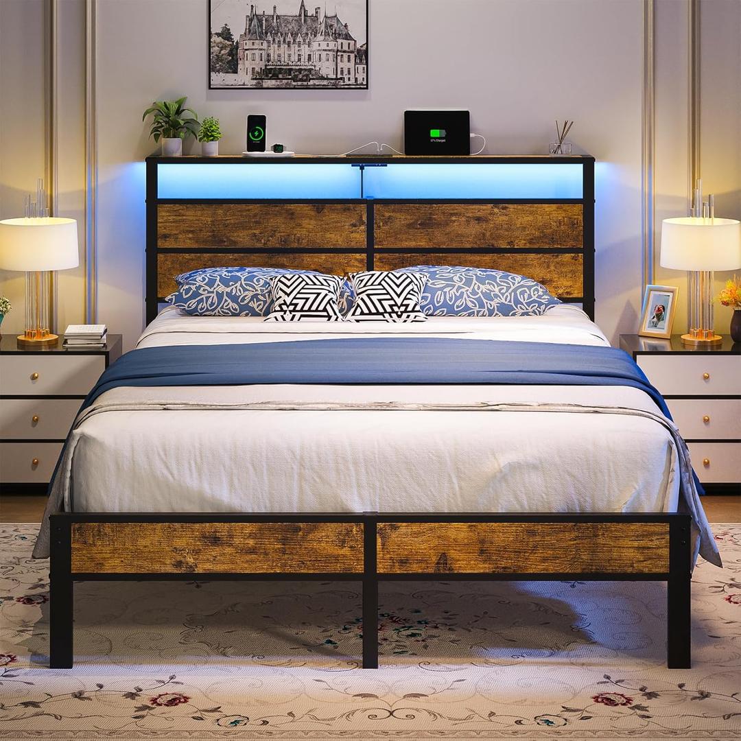 Queen Size Bed Frame, Queen Bed with Charging Station Headboard and LED Lights, Platform Bed with Metal Slats, No Box Spring Needed