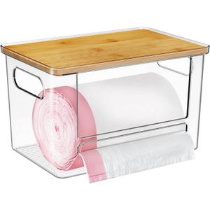 Trash Bag Holder, Acrylic Garbage Bag Dispenser with Bamboo Top, Extra Large Trash Bags Dispenser Under Sink for Kitchen, Pantry, Laundry Room, Cabinet Organizer and Storage (1 PACK)