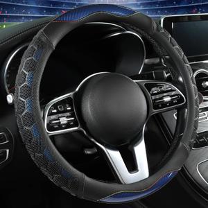 PU Leather Steering Wheel Cover 14.5-15 Inch, Carbon Fiber Style Grip, Non-Slip & Breathable, Universal for Sedan SUV Truck Van, Car Steering Wheel Cover for Men Women Dark Blue