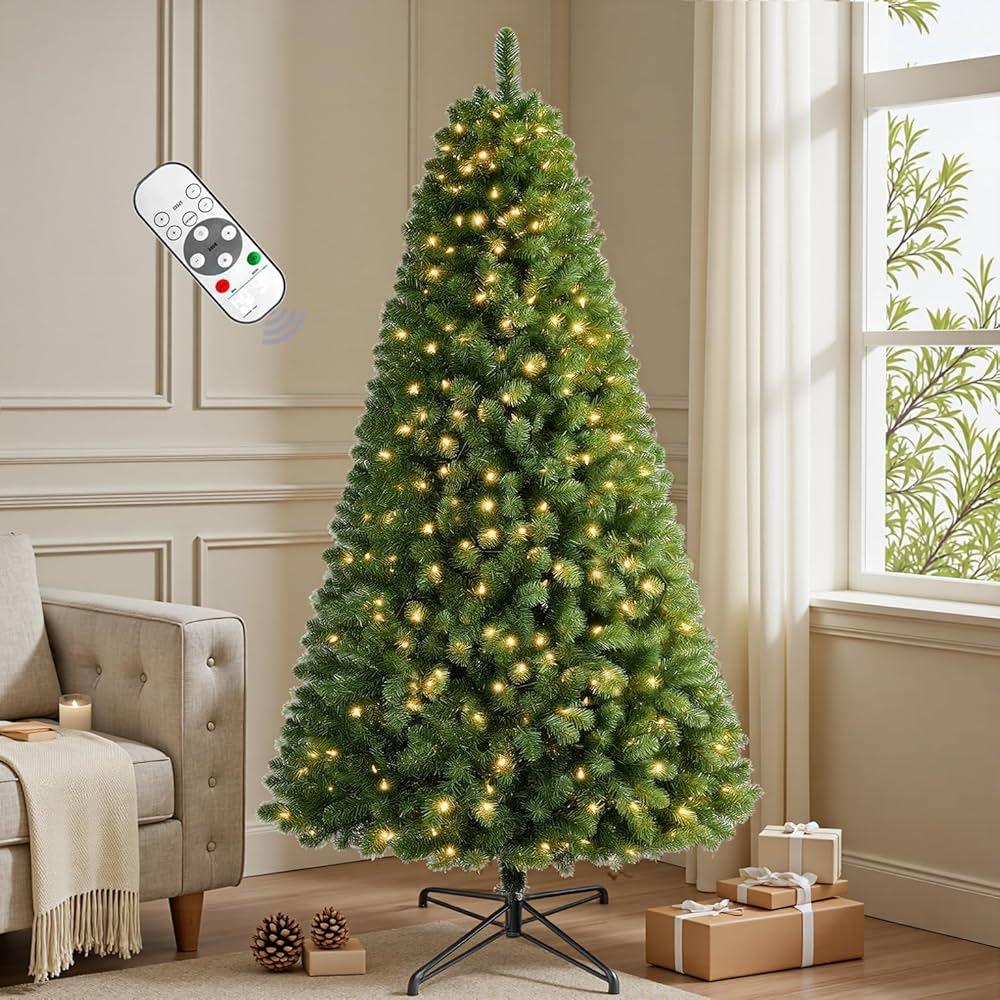 7.5 FT Pre-lit Christmas Tree Spruce with Remote Control, 350 Warm White Multi-Color Changing LED Lights, Artificial Hinged/ Feel Real/ Realistic for Home, Holiday Decoration Dual Color LED