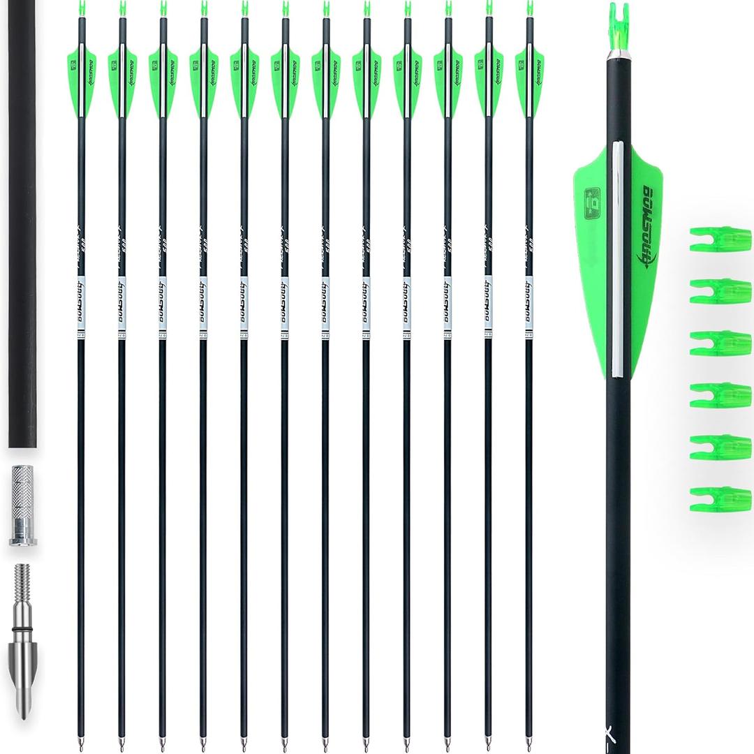 31Inch Carbon Arrows for Target Practice Hunting Arrow with Removable Tips for Compound & Recurve Bow(Pack of 12) (Green White)