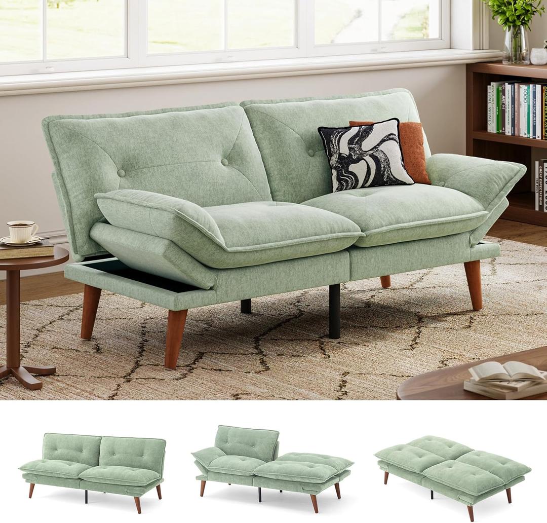 LINSY HOME Futon Sofa Bed, 70" Chenille Futon Couch with Adjustable Backrest Armrest, 3 in 1 Convertible Comfy Loveseat Sleeper Sofa Bed for Small Spaces Dorm Room Apartment Home Office, Light Green