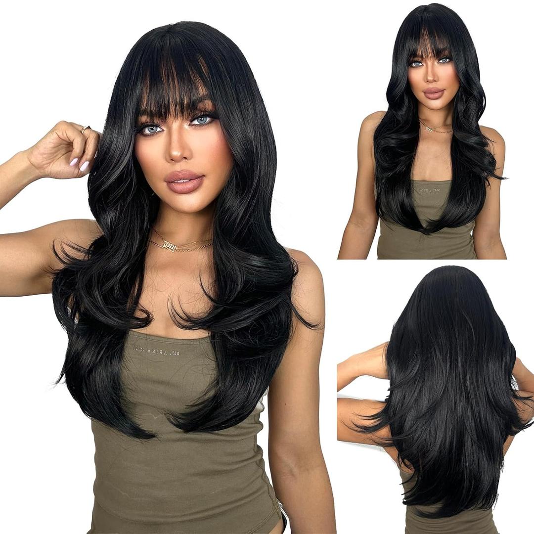 SUKRI Long Black Wigs for Women Layered Black Wig with Bangs 26 Inch Realistic Heat Resistant Synthetic Hair for Daily Party Use