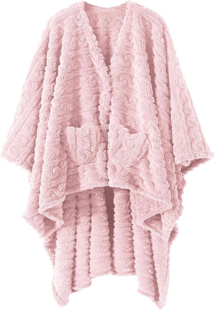 Wearable Blanket Poncho Cape Wrap for Adult, Cozy Sherpa Fleece Pocketed Shawl TV Throw Blankets for Office and Lounge(Pink,58'' x 64'')