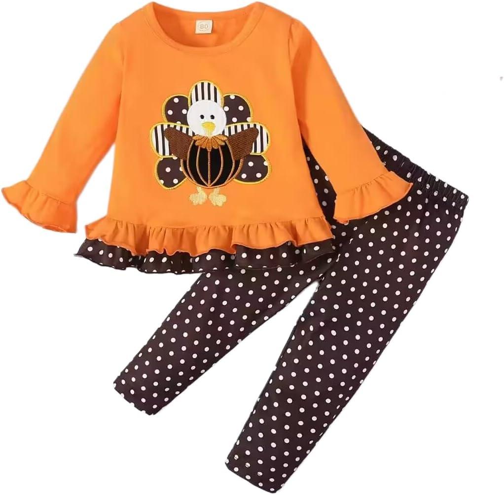 Noubeau Toddler Baby Girl Thanksgiving Outfits Cute Turkey Ruffled Shirt Flared Sleeves Top Polka Dot Pants (Orange)