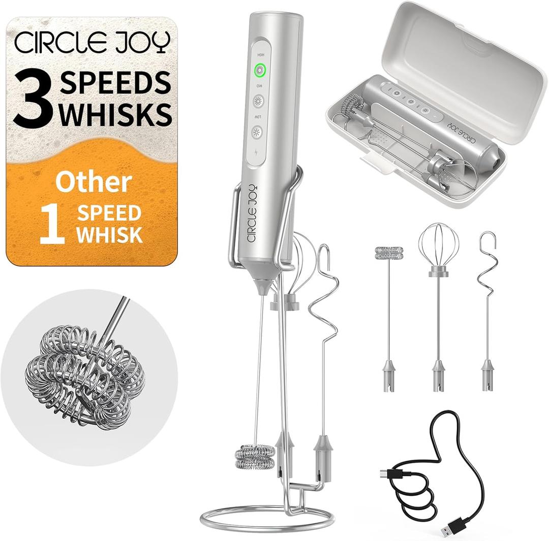 CIRCLE JOY Rechargeable Handheld Milk Frother Wand with Stand, 3 Variable Speeds, 3 Whisks and Storage Box, Electric Drink Mixer for Latte, Cappuccino, Hot Chocolate, Eggs and Protein Powder, Silver