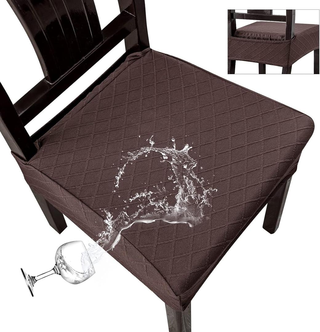 Genina Waterproof Seat Covers for Chairs,Set of 4 Dining Room Chair Seat Covers for Kitchen,Stretch Jacquard Removable Washable Dining Chair Slipcovers Protectors with Rear Covers, Chocolate