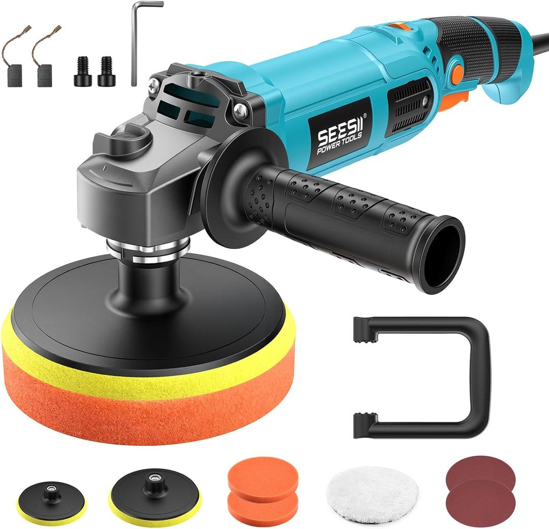 Seesii Car Buffer Polisher 1600W, 7"/6" Variable Speed 2056-3600 RPM Rotary Polisher with Copper Motor & Detachable Handles, Ideal for DIY Detailers, Auto Detailing Hobbyists, Scratch Removal & Waxing