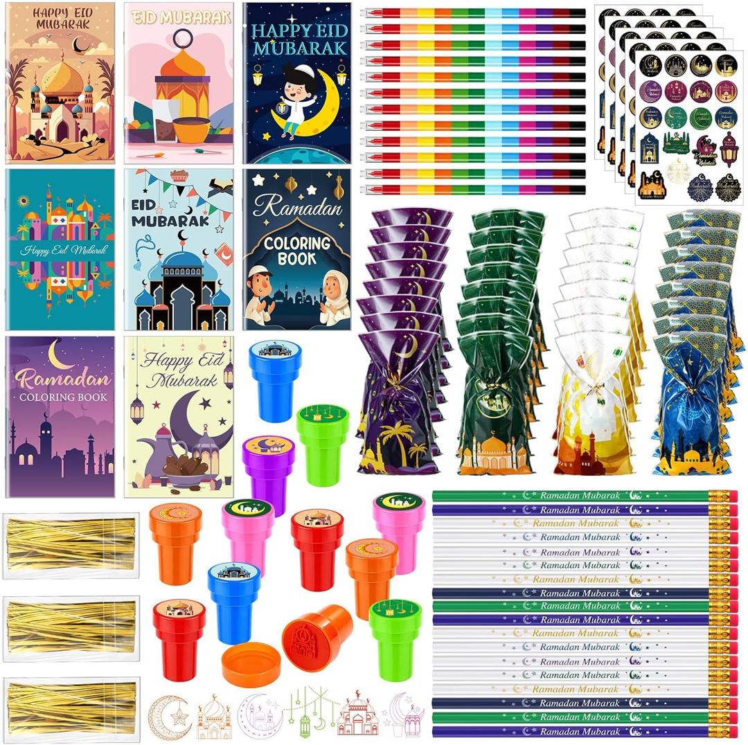 Gueevin 65 Pcs Ramadan Coloring Books Party Favors Set Eid Mubarak Goodie Bags Fillers Ramadan Eid Holiday Activity Party Gift Supplies DIY Stacking Crayons Pencils Stickers Stamps Prizes Art Craft