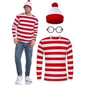URATOT Adult Men Halloween Costume Sets Red and White Striped Tee Shirt Beanies with Nerd Glasses XXL