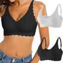 Padded Bralettes for Women Pack Seamless Bras Full Coverage Wireless Bralette Ribbed V Neck Comfort Tshirt Bra Set (Large, Black + Gray)