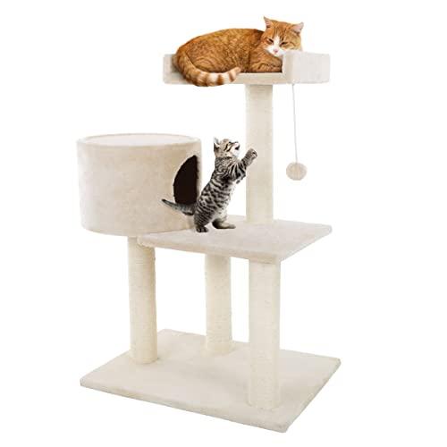 3-Tier Cat Tower - 2 Napping Perches, Cat Condo, 4 Sisal Rope Scratching Posts, Hanging Toy – Cat Tree for Indoor Cats and by PETMAKER (Beige)