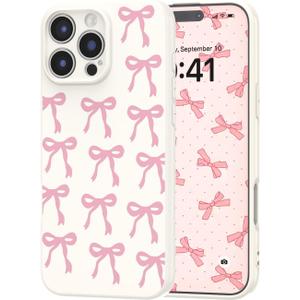 Case for iPhone 15 Pro, Cute Bow Ribbon Aesthetic Bowknot Pattern Case for Women Girls, Girly Trendy Soft Slim TPU Bumper Shockproof Protective Cover - Pink Bows/Beige