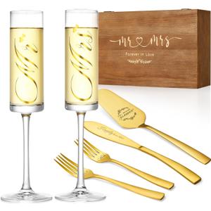 Wedding Champagne Flutes and Cake Knife Server Set of 6, Mr and Mrs Wedding Gifts for Bride and Groom, Enagement Bridal Shower Housewarming Gifts (Gold)