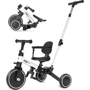 XJD Toddler Bike, 6 in 1 Folding Toddler Tricycle for 1-4 Year Old with Push Handle, Balance Bike with Removable Pedal,Backrest, Adjustable Seat Height and Handle, First Birthday Gifts (White)